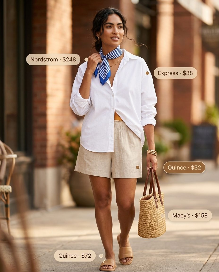 Cute summer outfits for women 2026: Beige linen shorts, white oversized shirt, silk scarf, and leather slides.