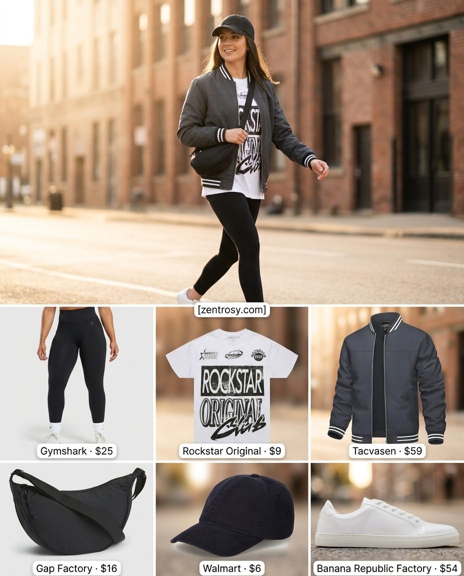 Cute summer outfits for women 2026: Casual grey bomber jacket, graphic tee, black leggings, and white sneakers for errands.