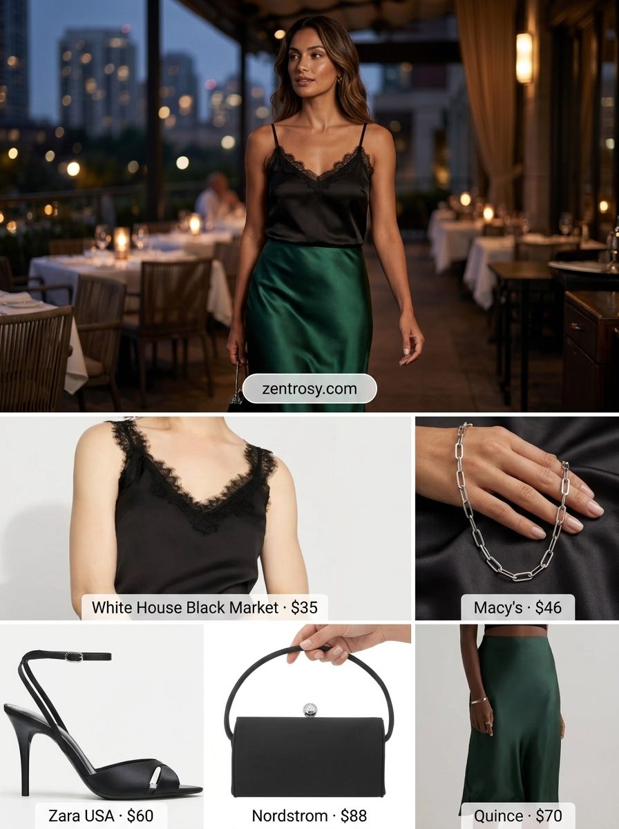 Cute summer outfits for women 2026: Emerald green satin slip skirt, black camisole, heeled sandals, and clutch.