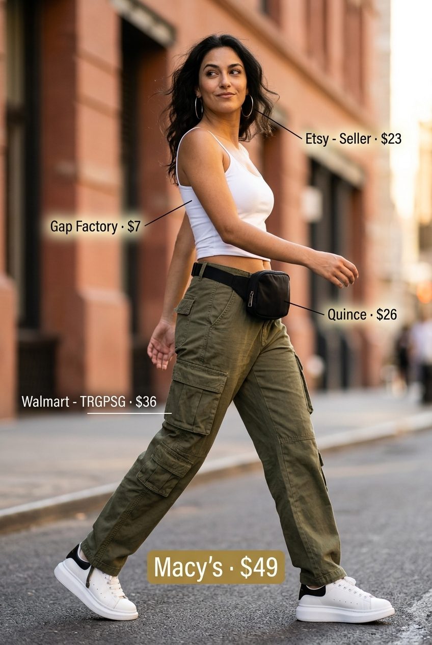 Cute summer outfits for women 2026: Olive green cargo pants, white tank top, chunky sneakers, and belt bag.