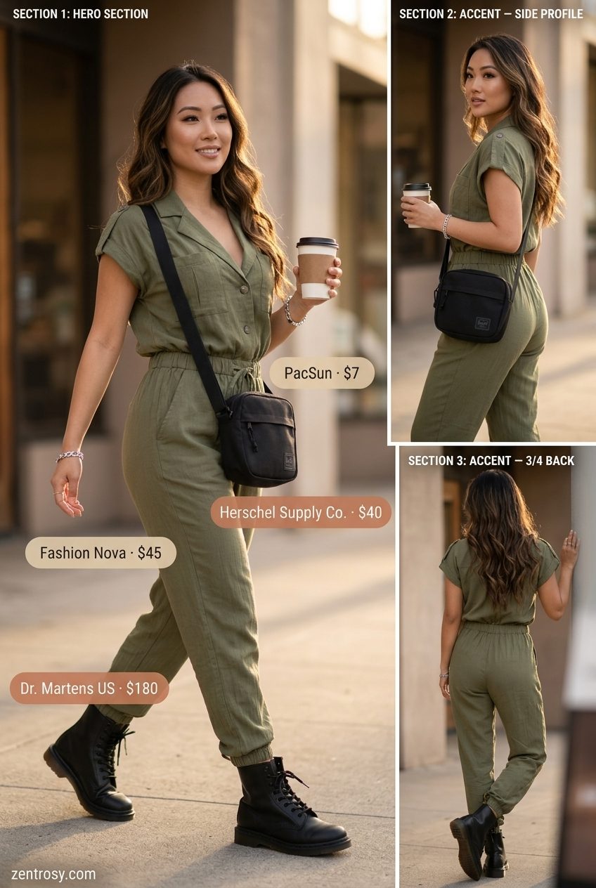 Cute summer outfits for women 2026: Olive green utility jumpsuit, black combat boots, and crossbody bag for day trips.
