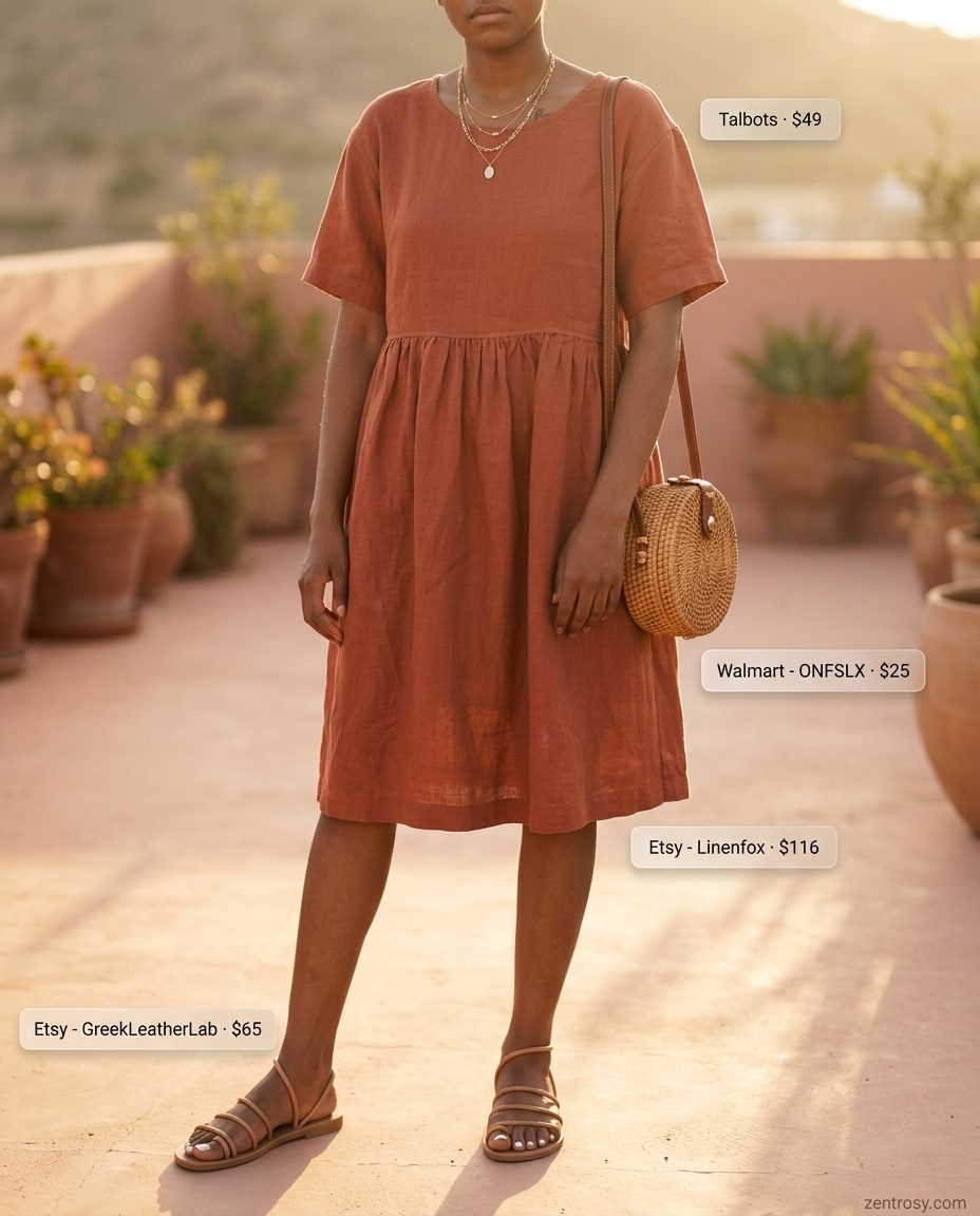Cute summer outfits for women 2026: Terracotta linen midi dress, gold necklaces, straw crossbody, and leather sandals.