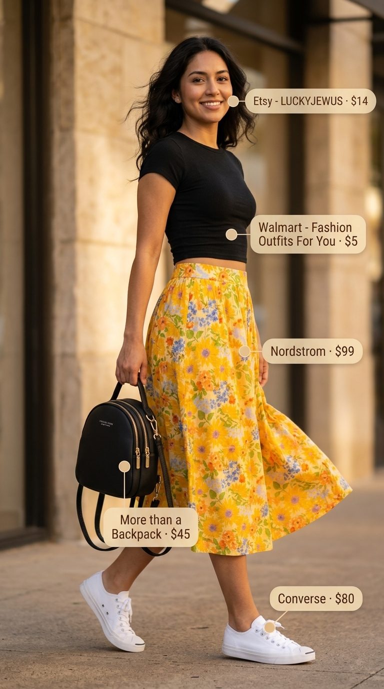 Cute summer outfits for women 2026: Yellow floral midi skirt, black crop top, white sneakers, and mini backpack.