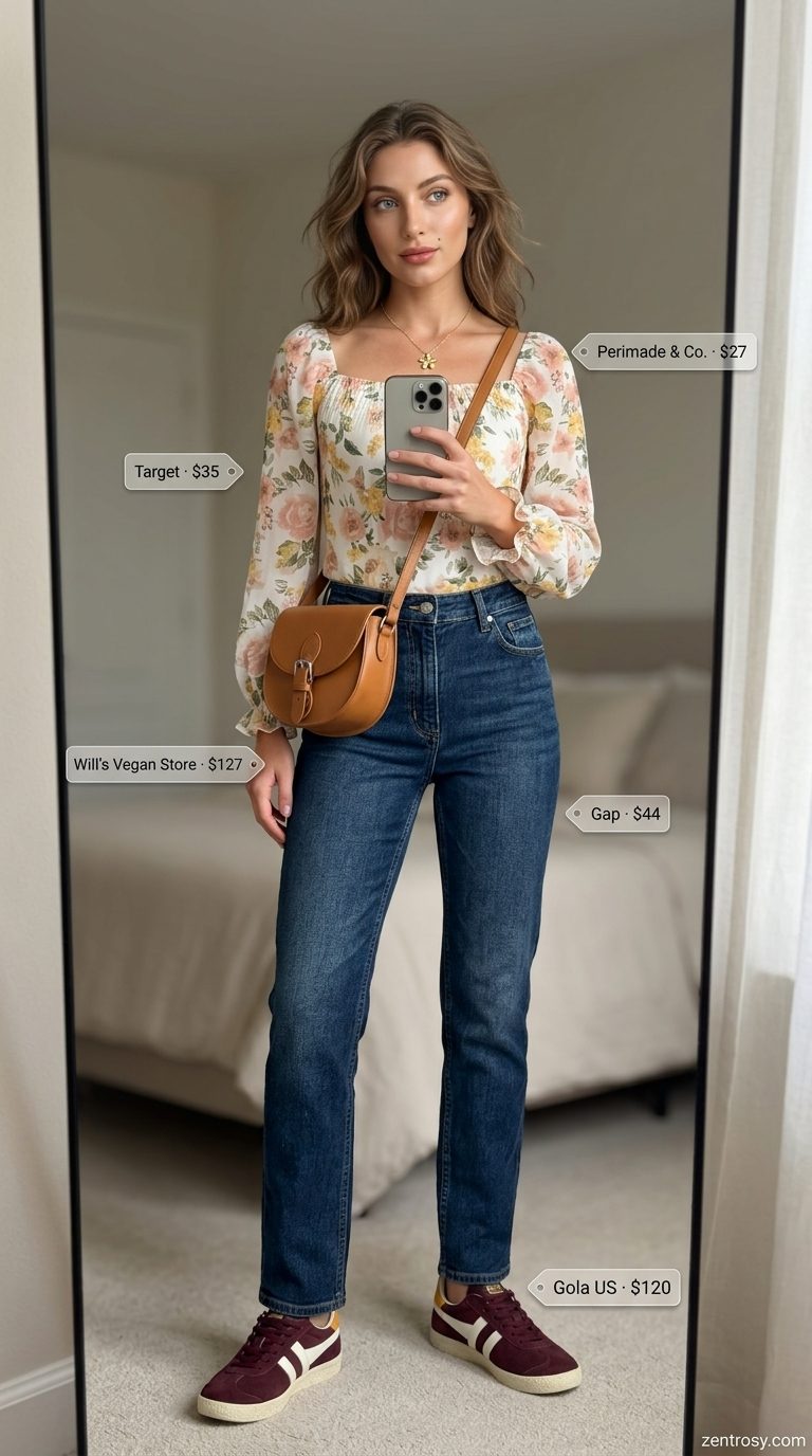 Cute summer outfit with sneakers: Burgundy suede sneakers, cream floral blouse, and dark wash jeans for a cafe date.