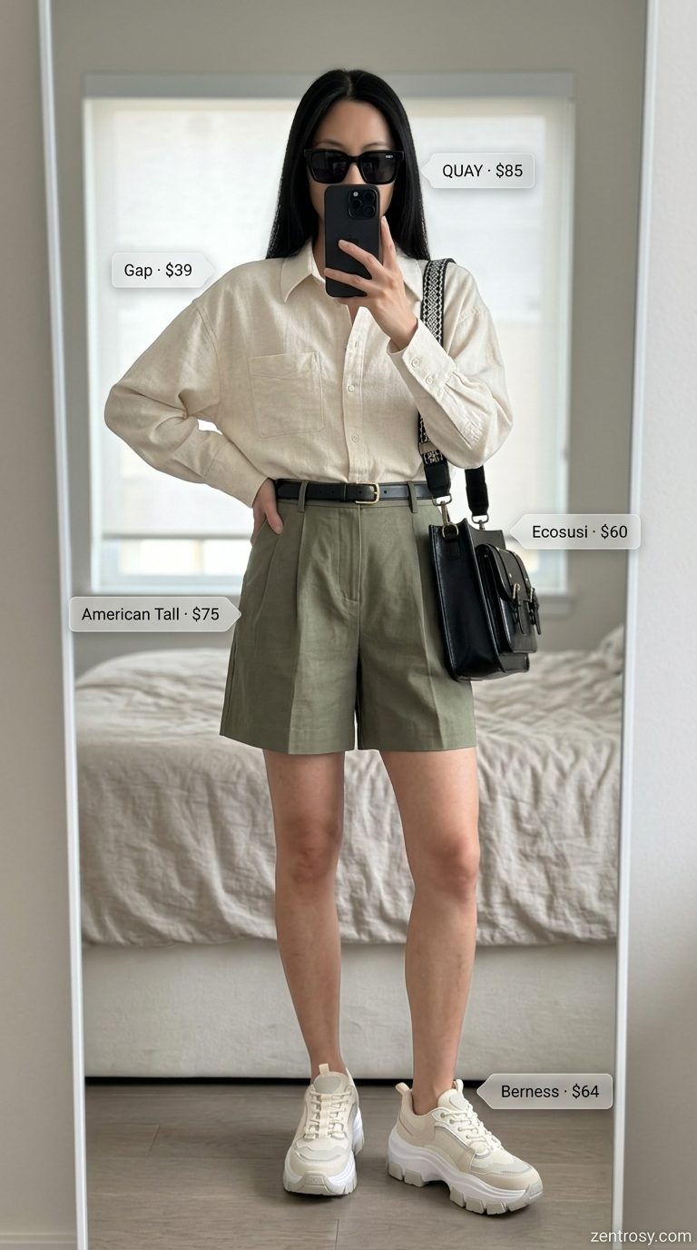 Urban summer outfit with sneakers: Chunky trainers, olive shorts, and cream shirt for city exploration.