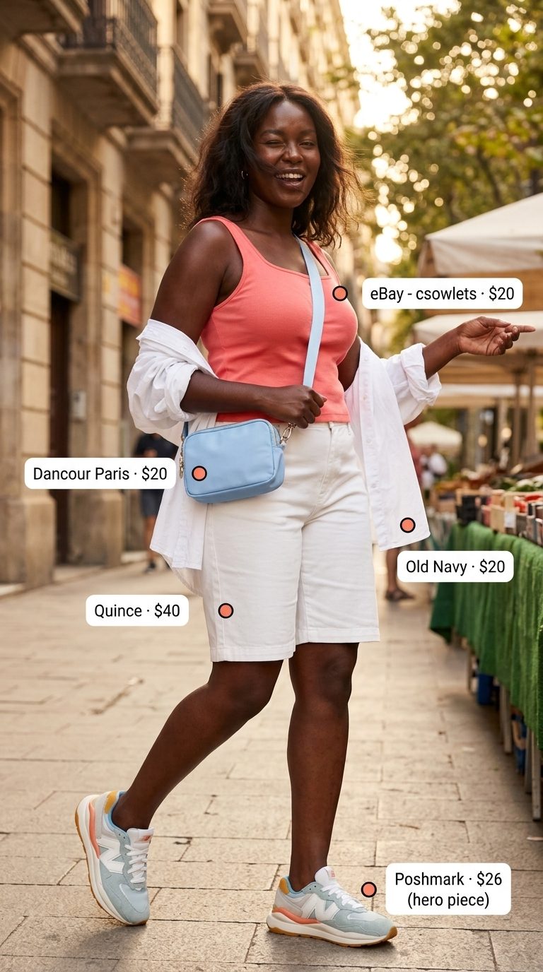 Cute summer outfits with sneakers: Sky blue sneakers, white Bermuda shorts, coral pink crop tank for city sightseeing.