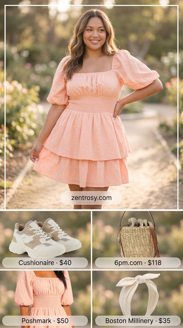 Cute summer outfits with sneakers: Peach smocked mini dress, chunky sneakers, straw basket bag for a garden stroll.