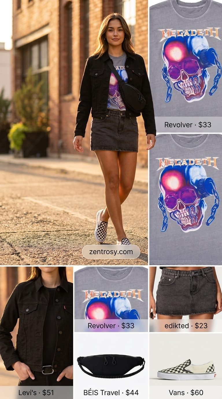 Cute summer outfits with sneakers for women 2026: Black denim skirt, band tee, and checkerboard sneakers for a concert.