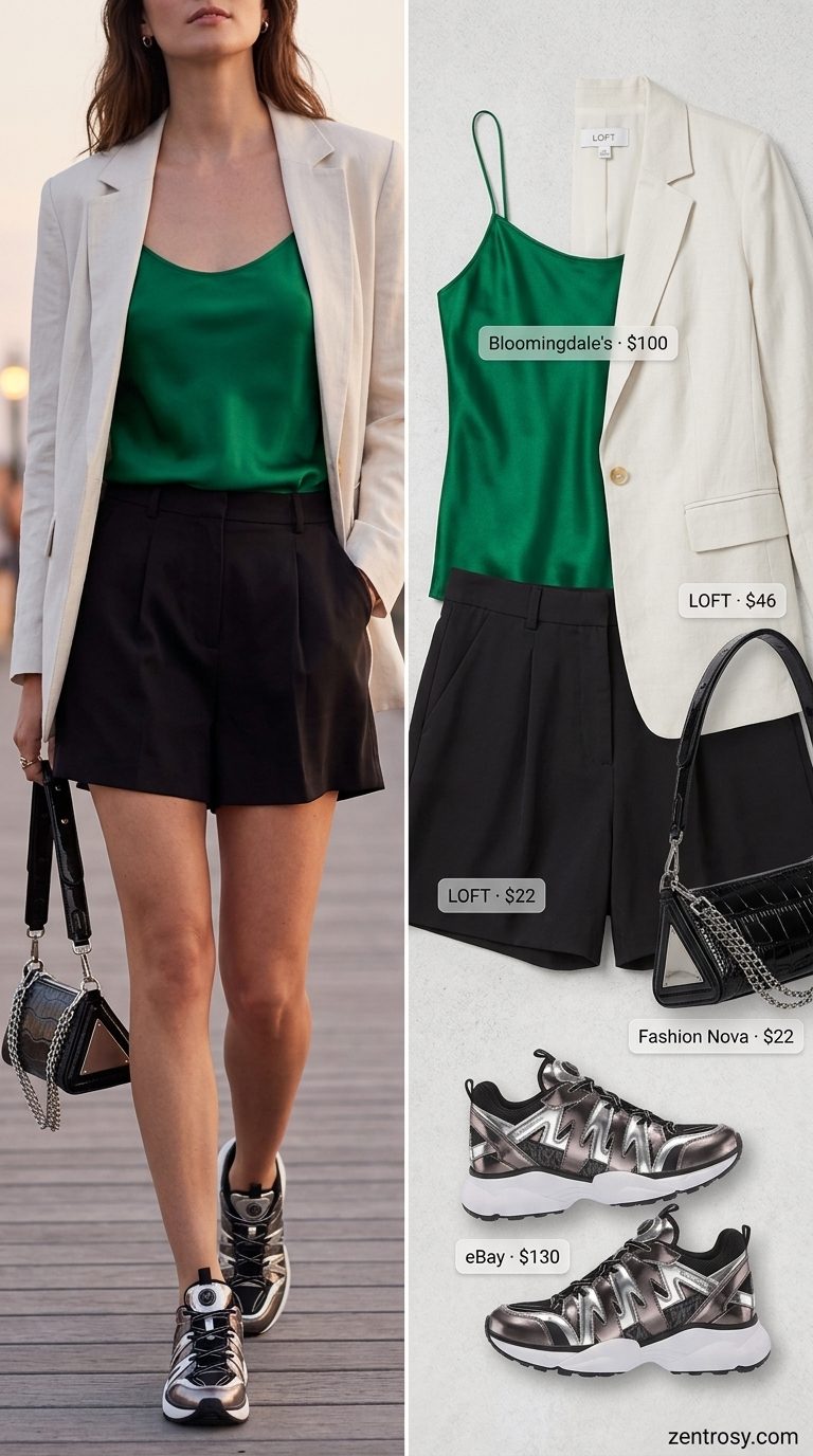 Glam casual summer outfit with sneakers: Black sneakers with silver accents, emerald top, and black shorts.