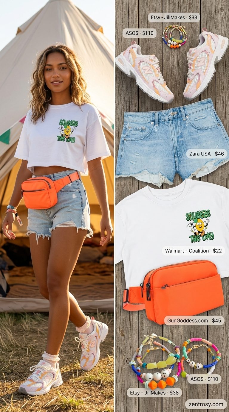 Cute summer outfits with sneakers: Bold color-block sneakers, graphic tee, denim shorts for a vibrant festival.