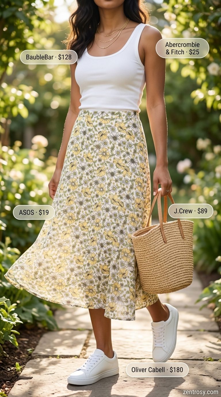 Cute summer outfits with sneakers for women 2026: Yellow floral skirt, white tank, and white leather sneakers for brunch.