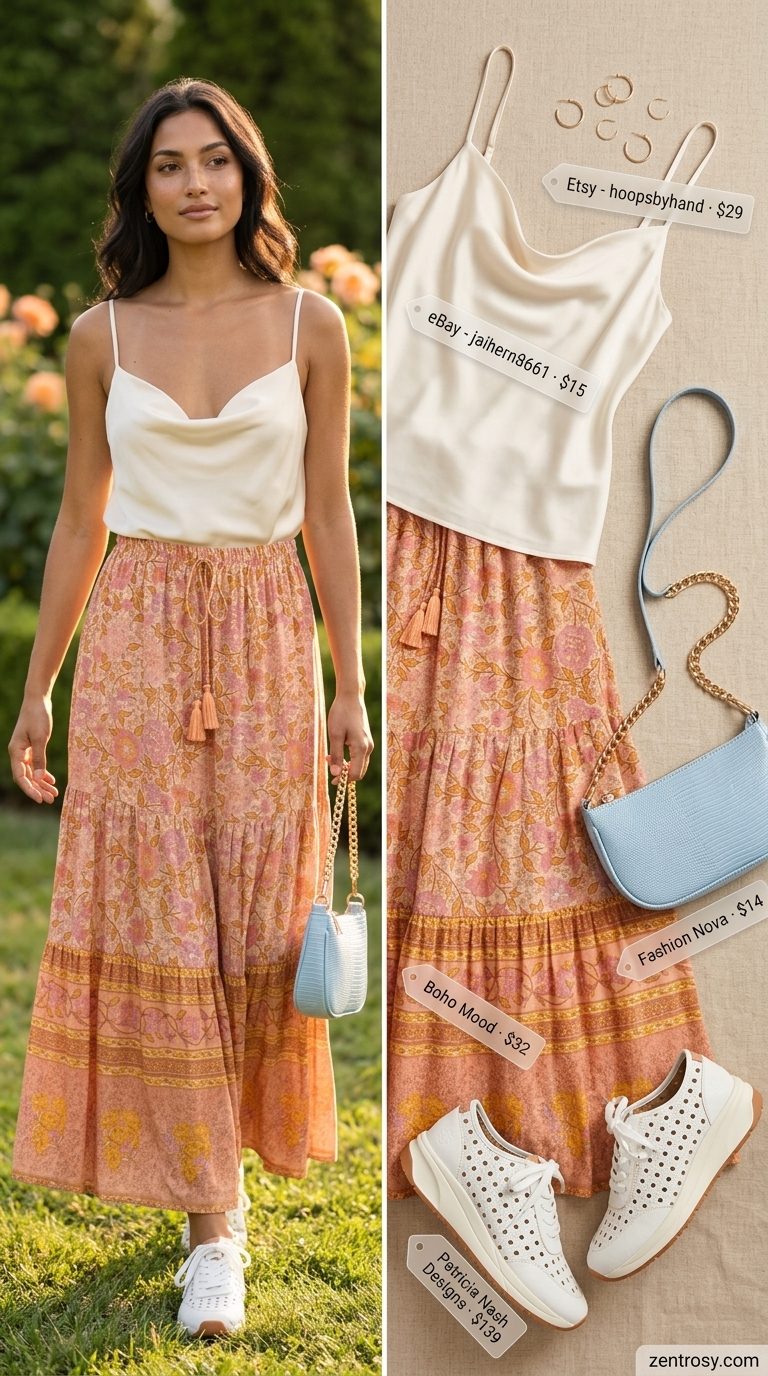 Cute summer outfits with sneakers: Soft peach floral maxi skirt, cream camisole, white sneakers for a garden party.