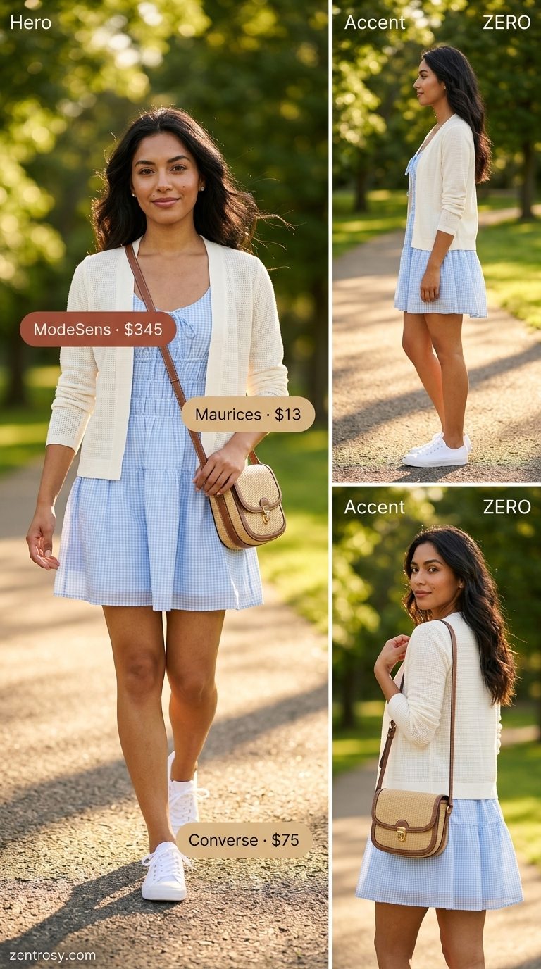 Cute summer outfits with sneakers for women 2026: Blue gingham dress, white sneakers, and cream cardigan for a picnic.
