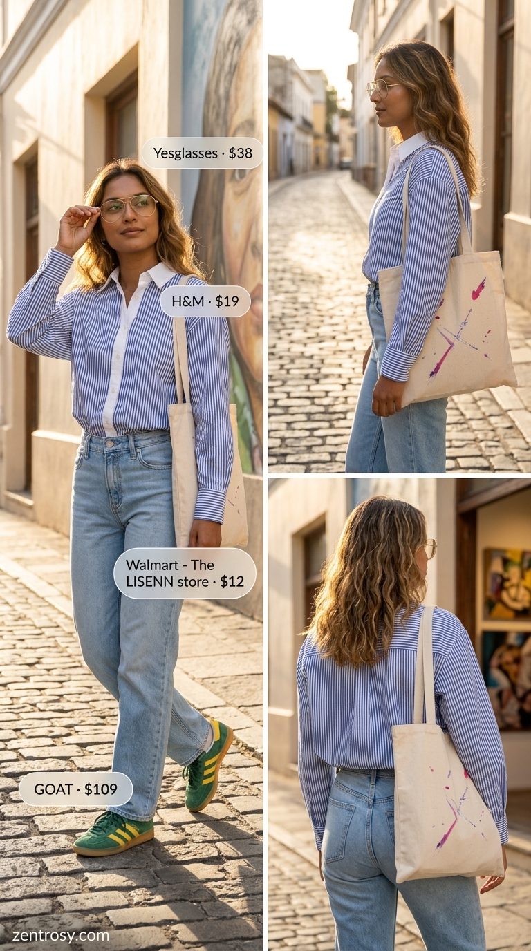 Cute summer outfits with sneakers for women 2026: Light wash jeans, striped shirt, and color-block trainers for an art gallery.