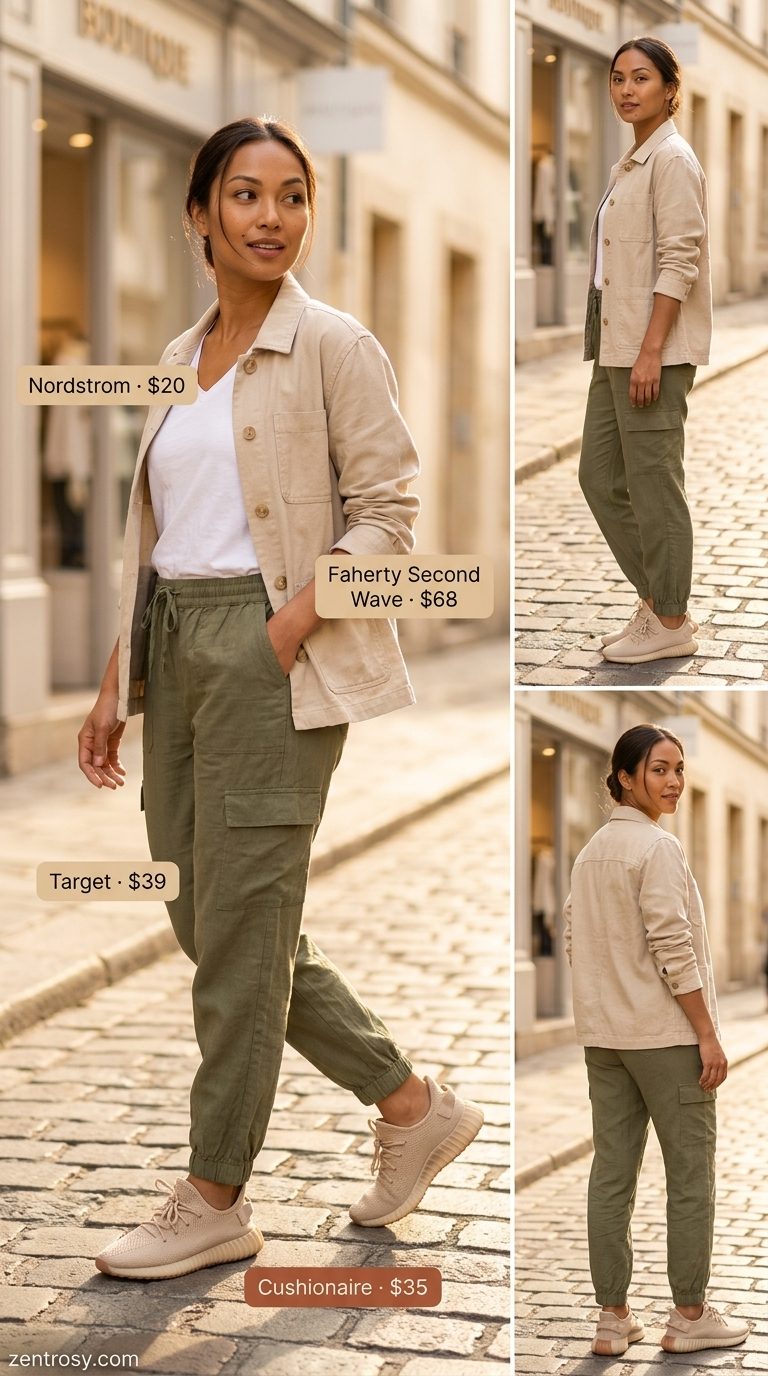 Cute summer outfits with sneakers for women 2026: Olive green joggers, cream tee, and neutral sneakers for travel.