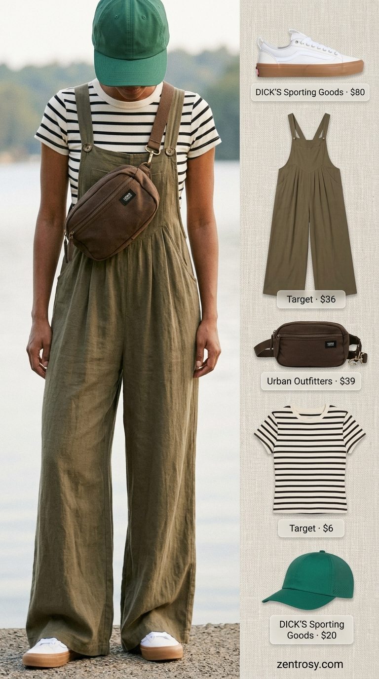 Casual summer outfit with sneakers: White low-tops, striped tee, and green overalls for lakeside chill.
