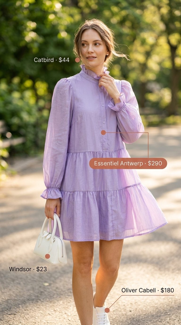 Cute summer outfits with sneakers: Soft lilac tiered mini dress, white leather sneakers for a picnic or brunch.