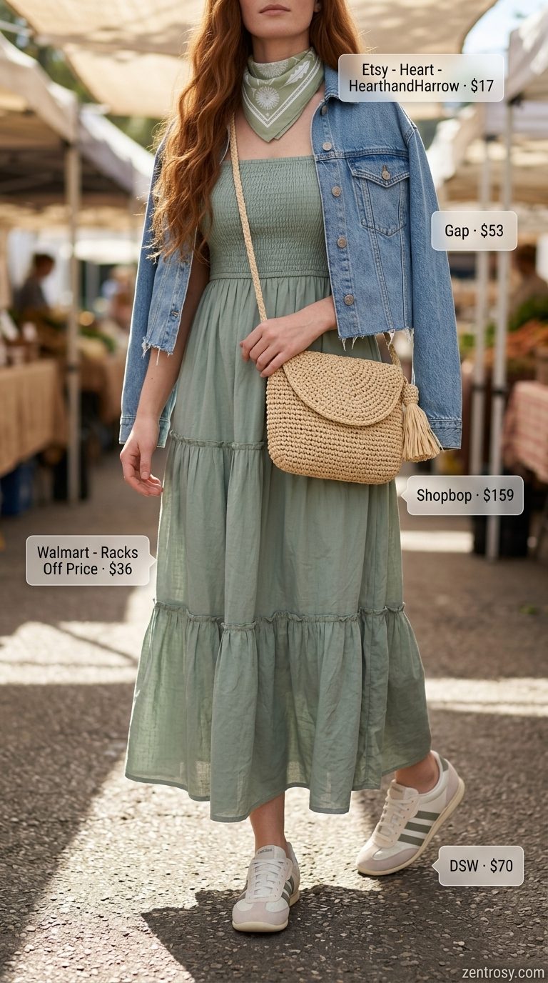 Cute summer outfits with sneakers: Sage green tiered maxi dress, denim jacket, striped sneakers for market day.