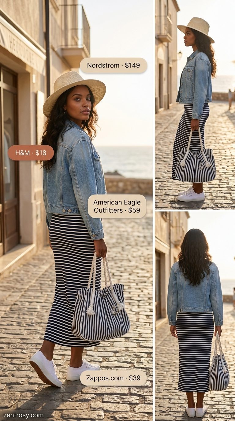 Cute summer outfits with sneakers: Navy and white striped maxi dress, denim jacket, white canvas sneakers for a beach day.