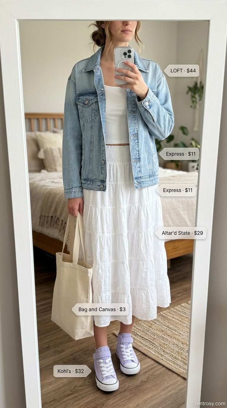 Sweet summer outfit with sneakers: Lavender high-tops, tiered midi skirt, and denim jacket for a park picnic.
