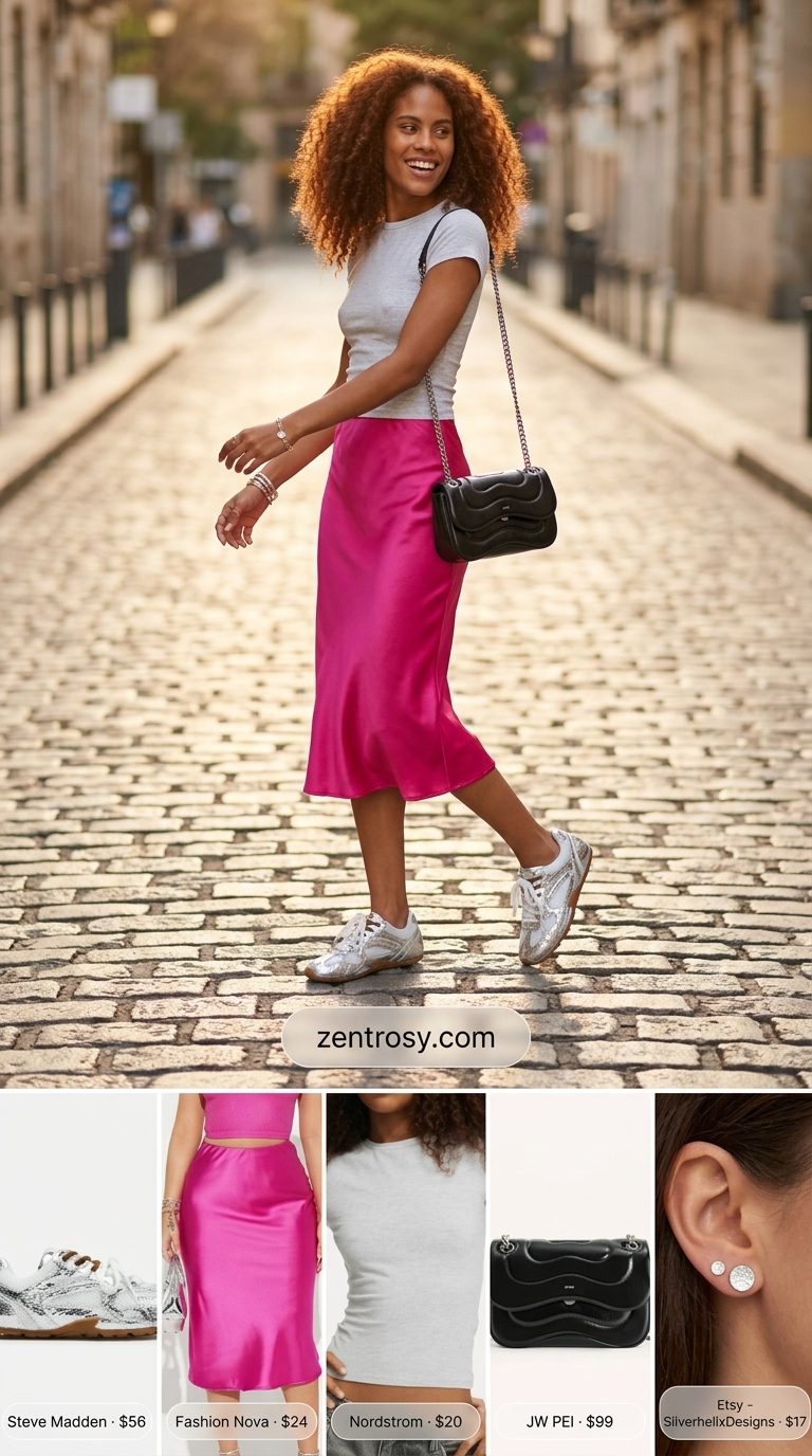 Cute summer outfits with sneakers for women 2026: Hot pink midi skirt, grey knit top, and silver sneakers for a day party.