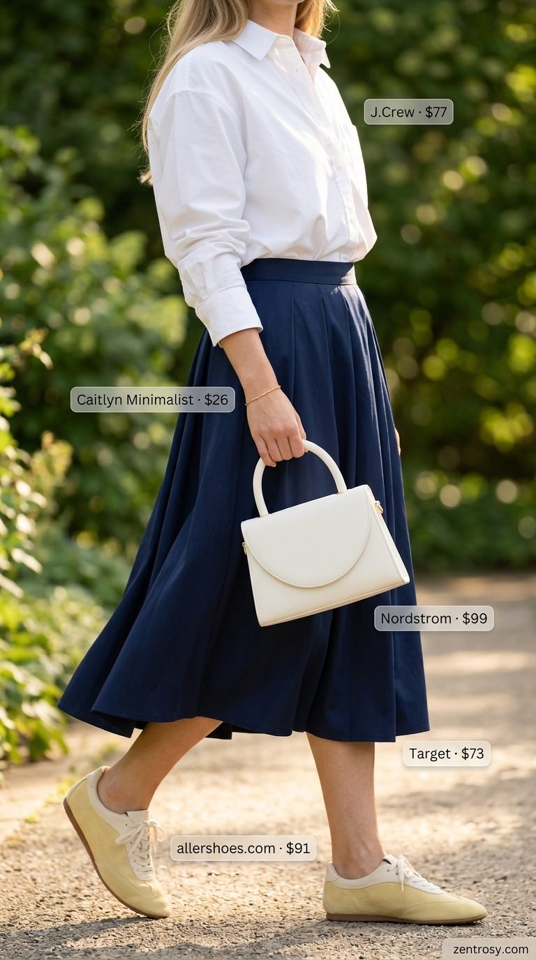 Preppy summer outfit with sneakers: Butter yellow suede sneakers, midi skirt, and white button-down for brunch.