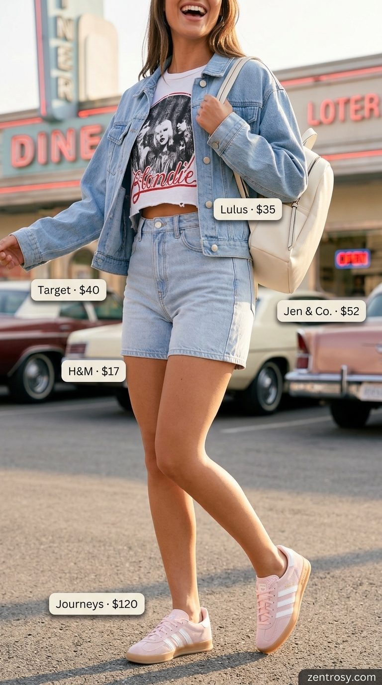 Retro summer outfit with sneakers: Pink & cream sneakers, graphic tee, and denim shorts for a diner date.