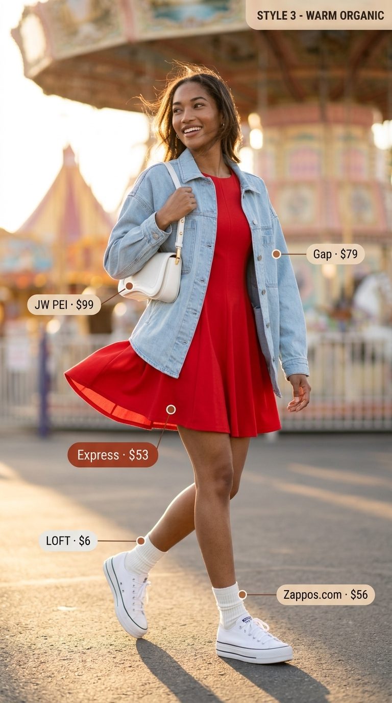 Cute summer outfits with sneakers: Cherry red A-line dress, oversized denim jacket, white platform sneakers for amusement park.