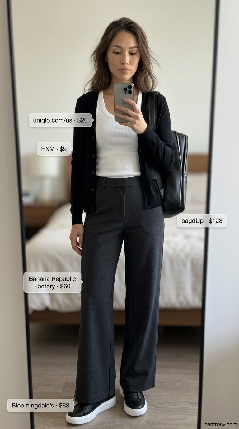Chic summer outfit with sneakers: Black leather slip-ons, grey wide-leg pants, and white tank for a road trip.