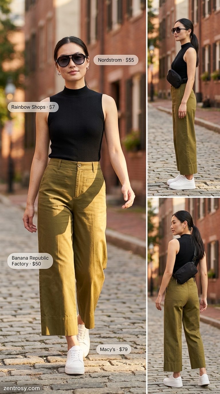 Cute summer outfits with sneakers: Khaki wide-leg trousers, black mock neck top, white platform sneakers for city exploring.