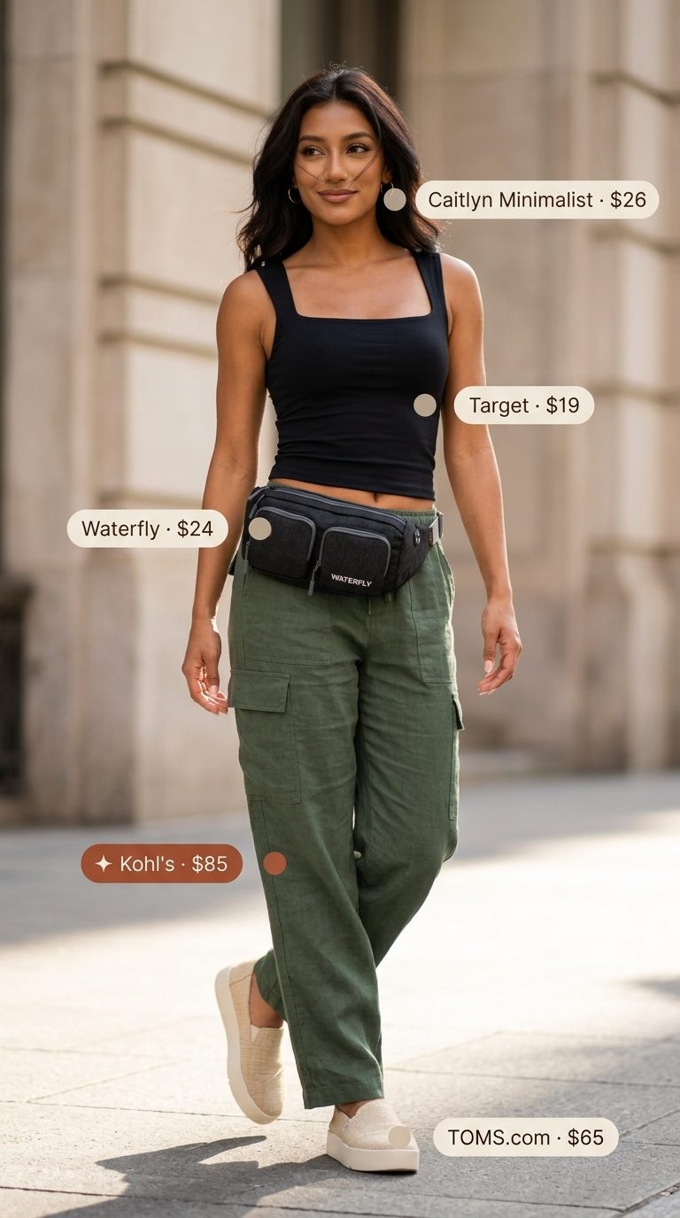Cute summer outfits with sneakers for women 2026: Olive green linen cargo pants, black tank, and beige espadrilles for urban exploration.