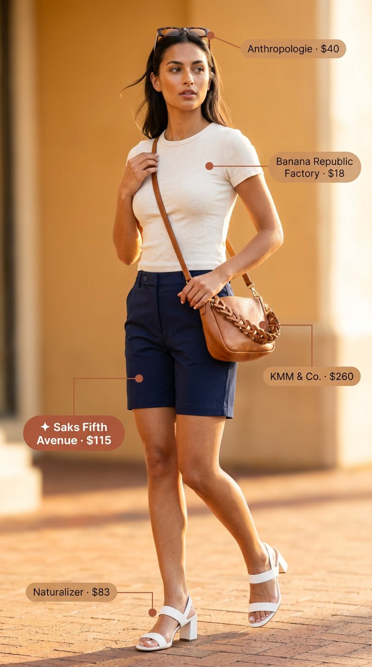 Cute Summer Outfits with Heels 2026: Athleisure Heels Cute summer outfits with heels 2026: Navy tailored shorts, cream knit top, and heels for stylish errands.