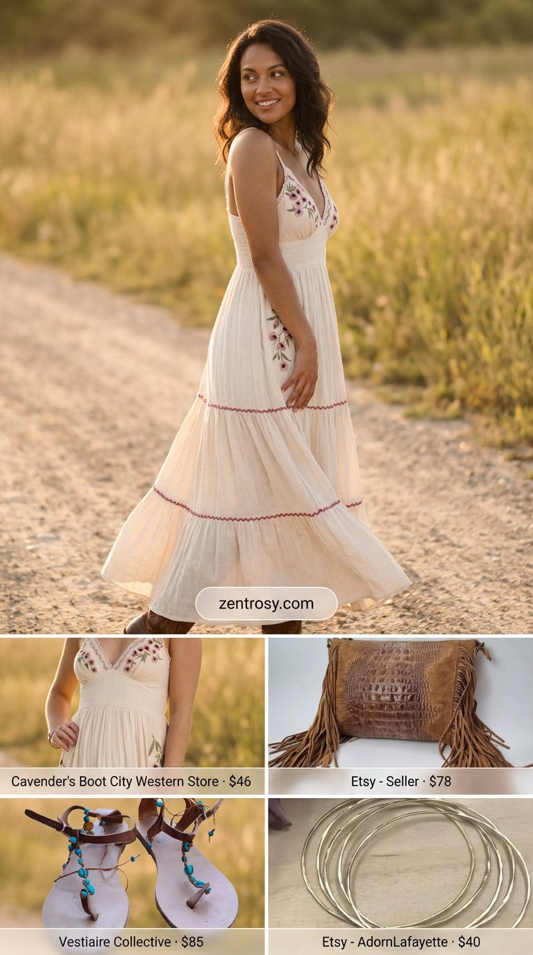 Cute Summer Outfits with Heels 2026: Bohemian Summer Dream Cute summer outfits with heels 2026: Cream tiered maxi dress, suede fringe bag, gold bangles.