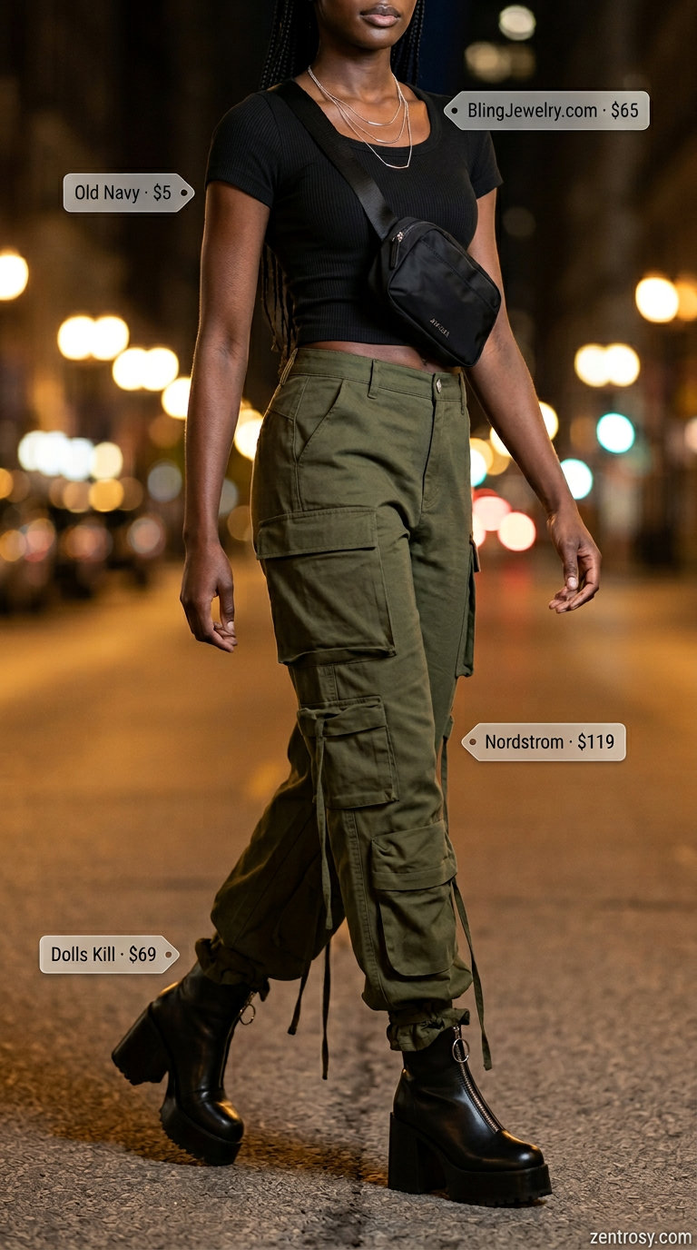 Cute Summer Outfits with Heels 2026: Street Style Statement Cute summer outfits with heels 2026: Olive cargo pants, black crop top, chunky platform heels.