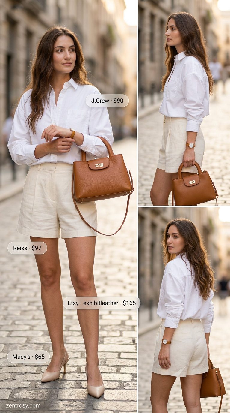 Cute Summer Outfits with Heels 2026: City Explorer Chic Cute summer outfits with heels 2026: White oversized shirt, beige shorts, and tan slingback heels for city exploration.