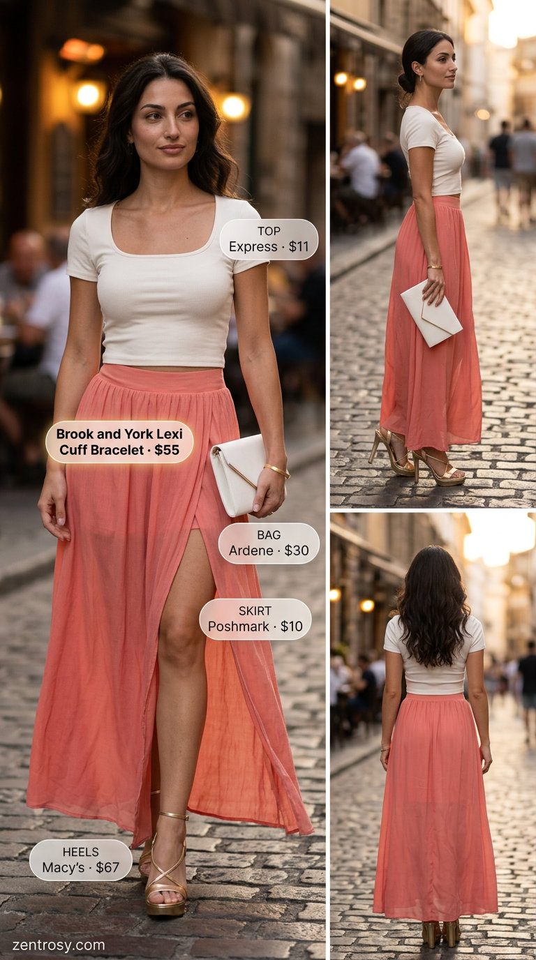 Summer Evening Sophistication with Heels 2026 Coral maxi skirt outfit: flowy coral skirt, white crop top, gold strappy heels, and clutch for cute summer outfits with heels 2026.