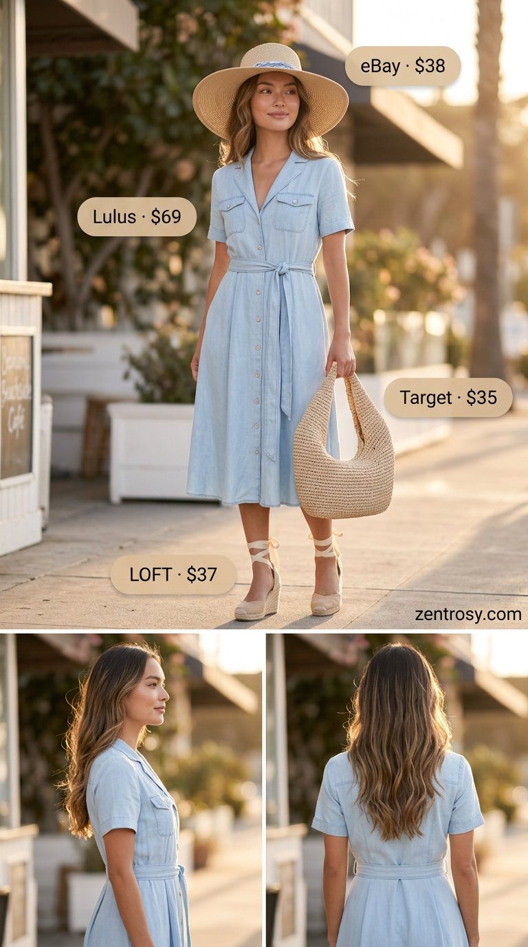 Coastal Breeze Outfits with Heels 2026 Coastal breeze outfit: denim chambray dress, straw tote, straw hat, and espadrille heels for cute summer outfits with heels 2026.