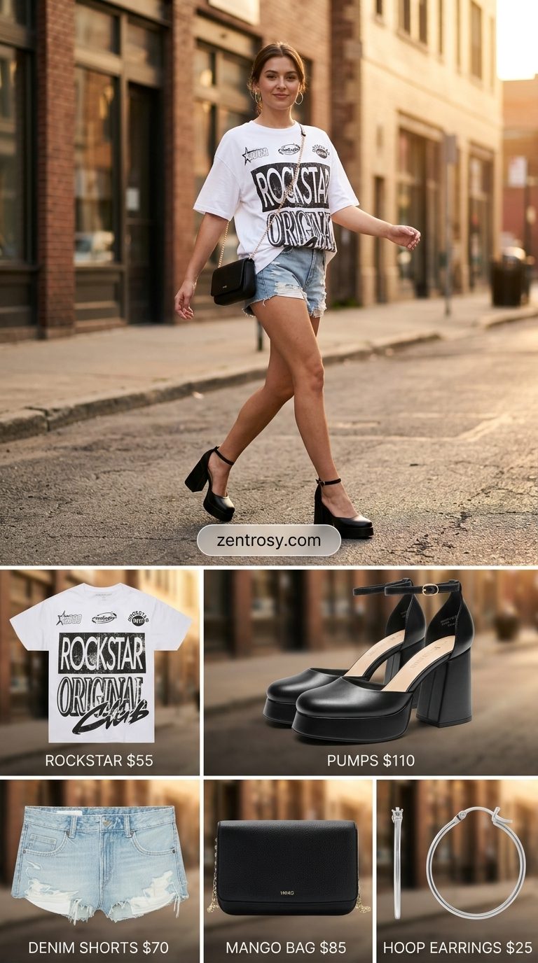 Playful Summer Day Out with Heels 2026 Distressed denim shorts outfit: graphic tee, distressed shorts, platform heels, crossbody bag, and silver hoops for cute summer outfits with heels 2026.
