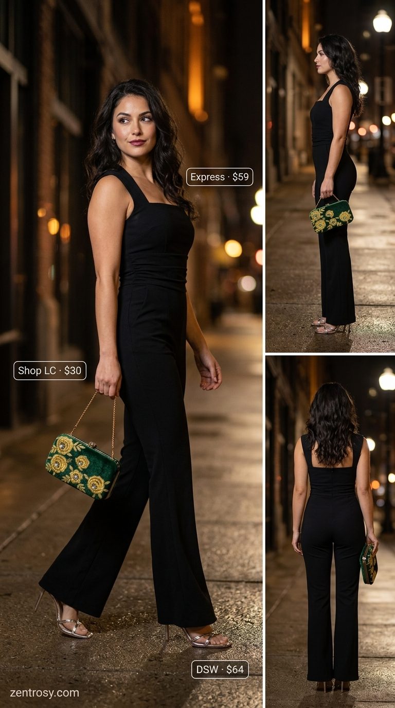 Cute Summer Outfits with Heels 2026: Evening Elegance Cute summer outfits with heels 2026: Black wide-leg jumpsuit, silver strappy heels, and emerald clutch for evening.