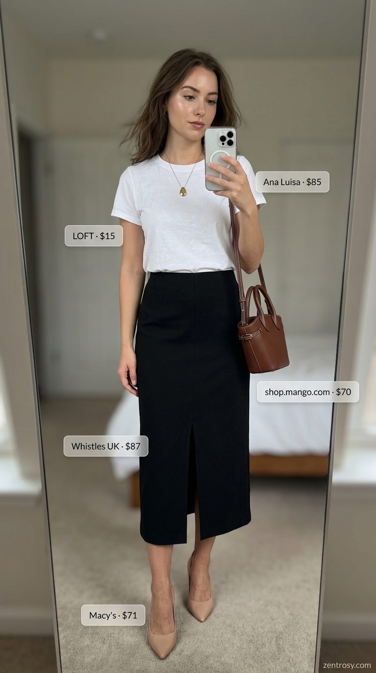 Modern Minimalist Outfits with Heels 2026 Minimalist midi skirt outfit: black midi skirt, white tee, tan crossbody, gold necklace, and nude heels for cute summer outfits with heels 2026.