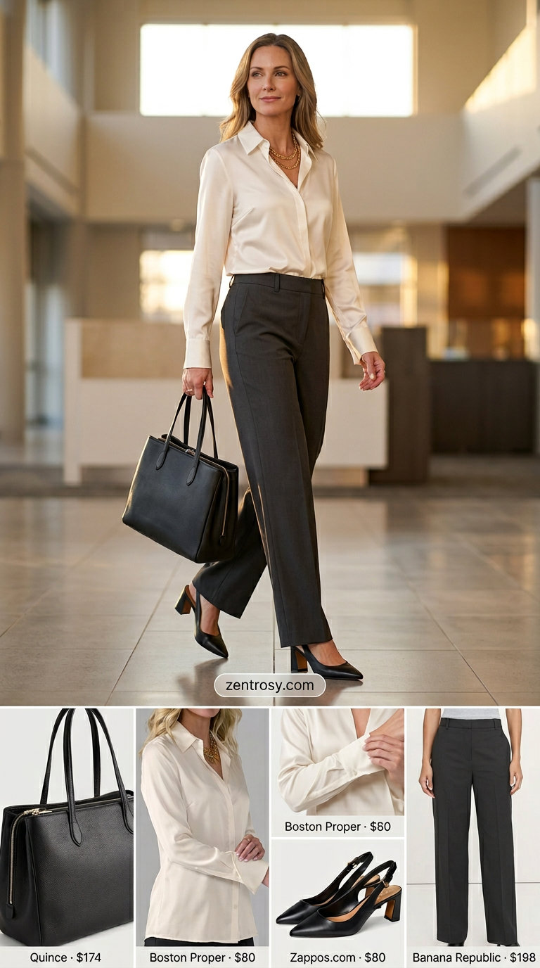 Cute Summer Outfits with Heels 2026: Modern Professional Cute summer outfits with heels 2026: Charcoal grey trousers, ivory blouse, and black pumps for office wear.