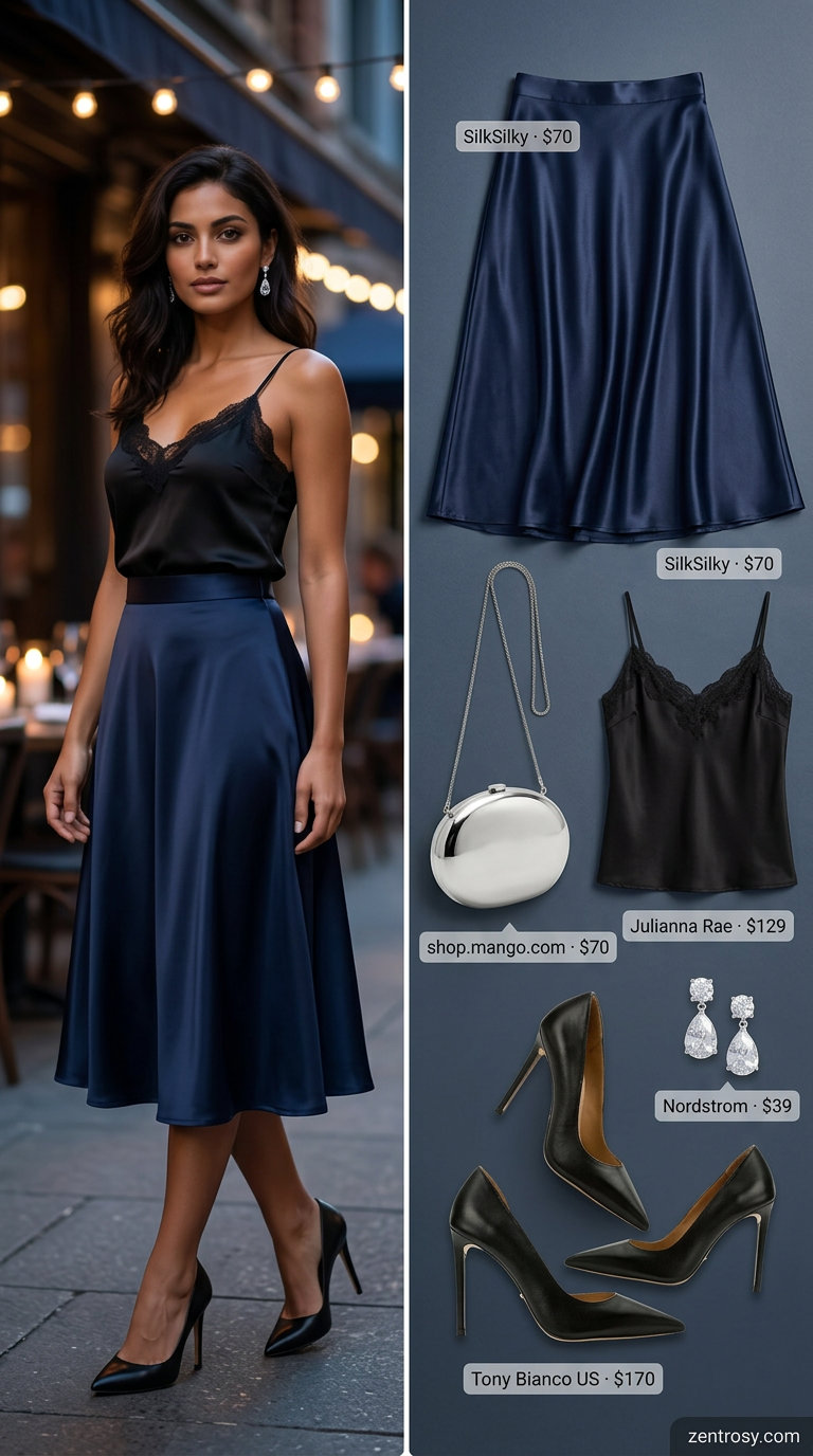 Cute Summer Outfits with Heels 2026: Evening Elegance Cute summer outfits with heels 2026: Navy A-line midi skirt, black camisole, silver clutch.