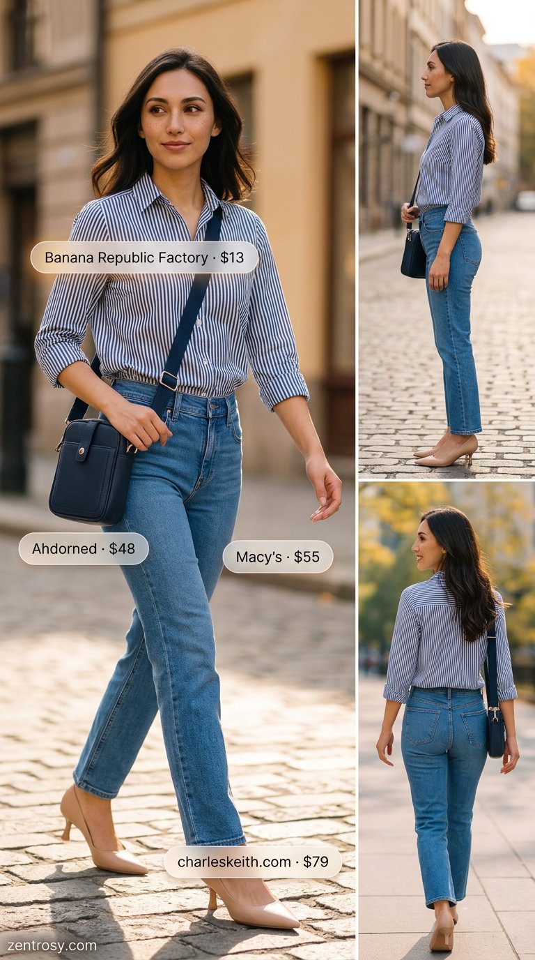 Classic Casual with Heels 2026 Striped tee outfit: striped tee, classic jeans, tan suede pumps, navy crossbody, and gold hoops for cute summer outfits with heels 2026.