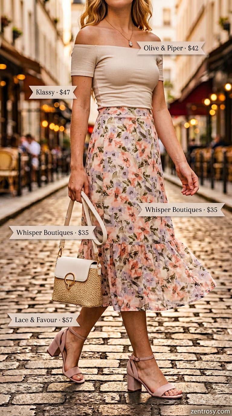 Cute Summer Outfits with Heels 2026: Sunset Romance Cute summer outfits with heels 2026: Floral midi skirt, cream off-the-shoulder top, and blush pink block heels.