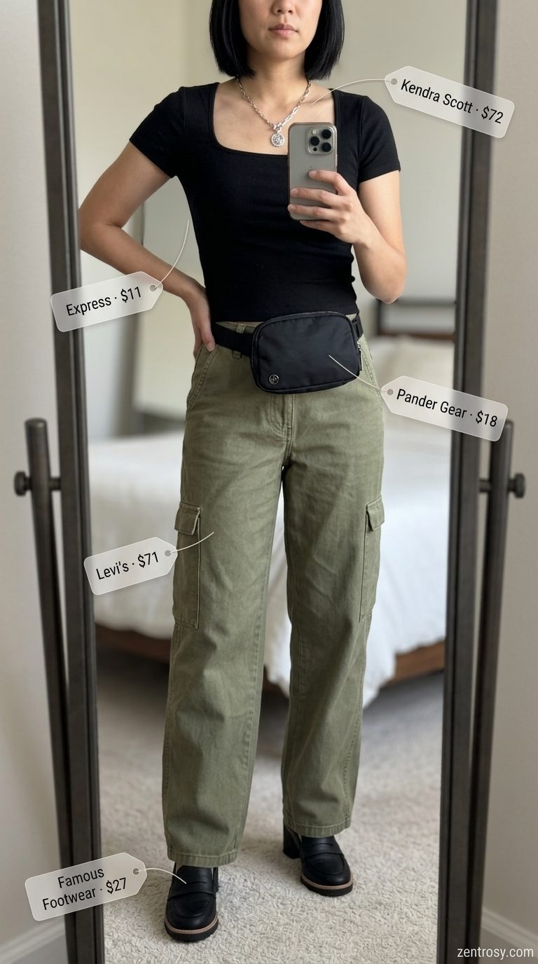 Urban Explorer Outfits with Heels 2026 Urban explorer outfit: olive cargo pants, black crop top, utility belt bag, silver necklace, and heels for cute summer outfits with heels 2026.