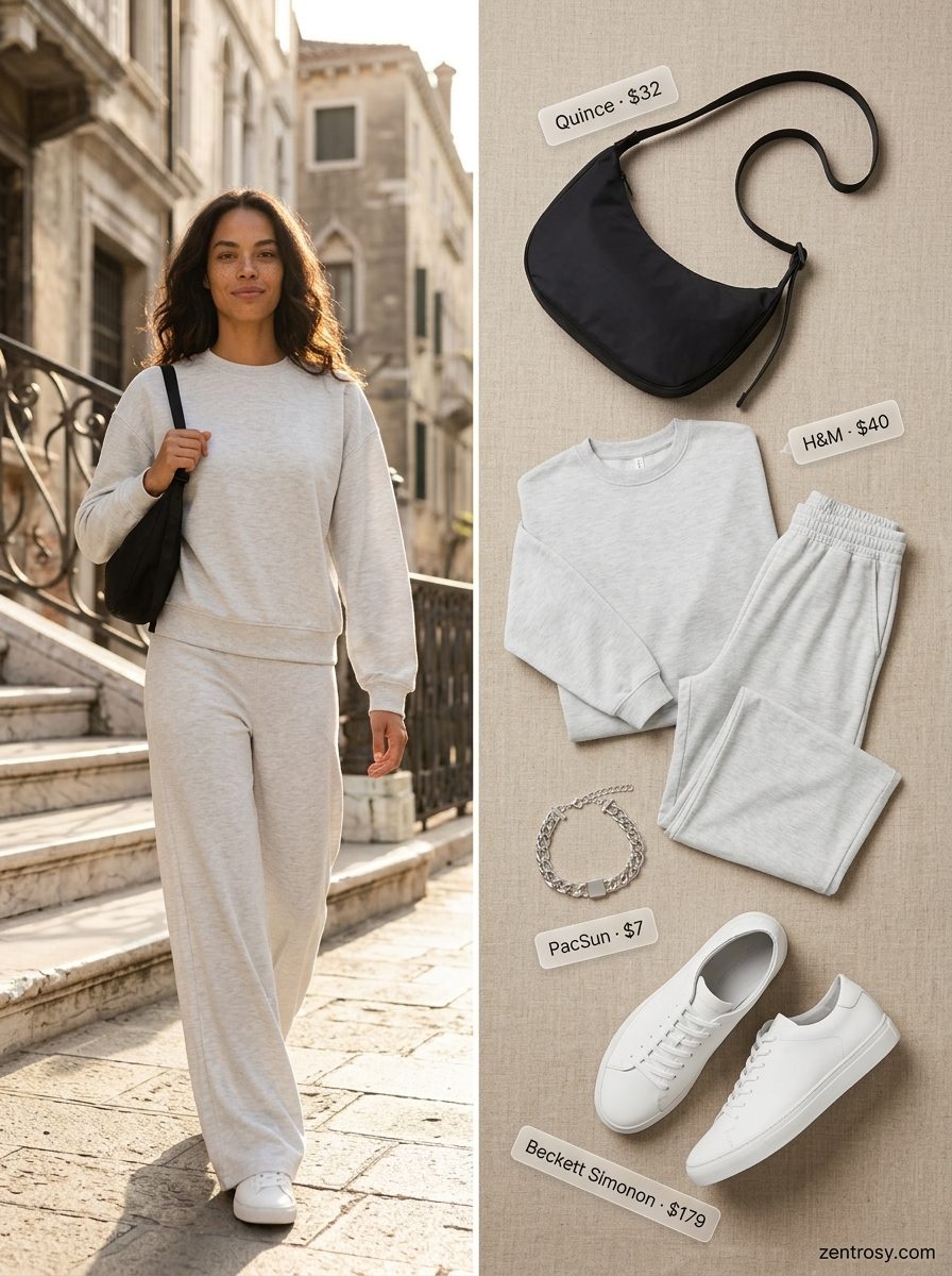 Cute summer outfits for women 2026: Chic light grey knit matching set with white sneakers and silver bracelet for travel.
