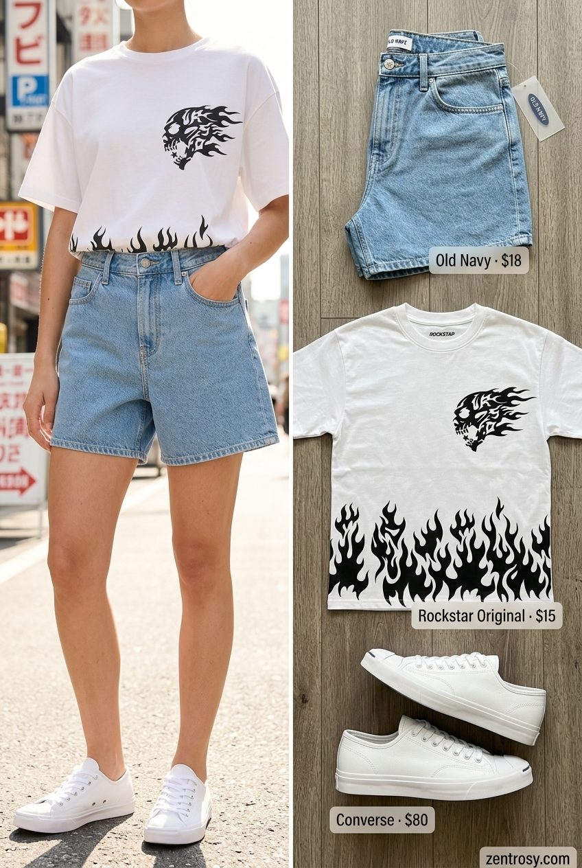 Cute summer outfits for women 2026: Denim shorts and graphic tee with white sneakers for casual everyday wear.
