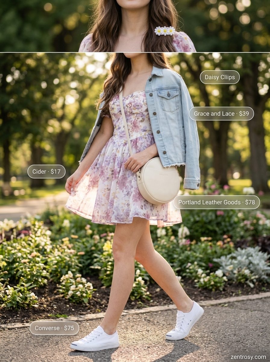 Cute summer outfits for women 2026: Pastel floral mini dress with denim jacket and white sneakers.