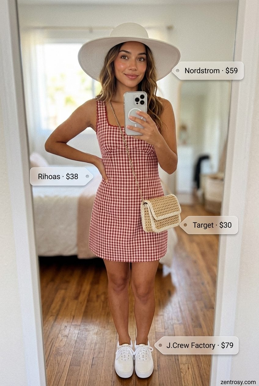 Cute summer outfits for women 2026: Red gingham sundress with straw hat and white sneakers for a picnic.