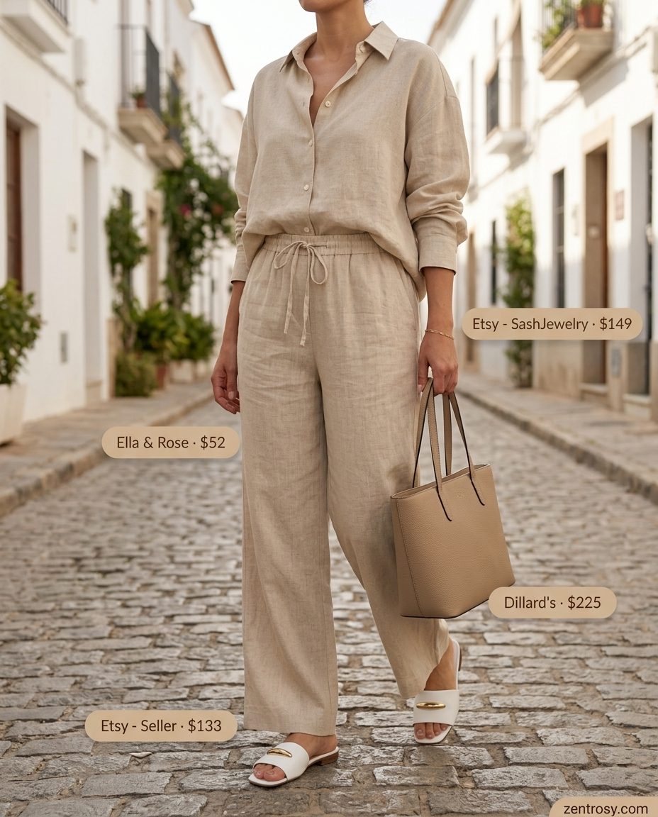 Cute summer outfits for women 2026: Linen co-ord set in sandstone beige with leather slides for resort wear.